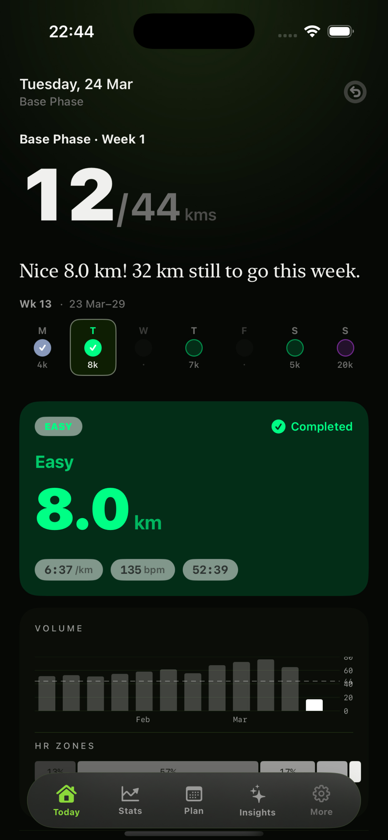 Smart Runner Today screen showing Base Phase Week 1 with 12/44 km progress and Easy run completed
