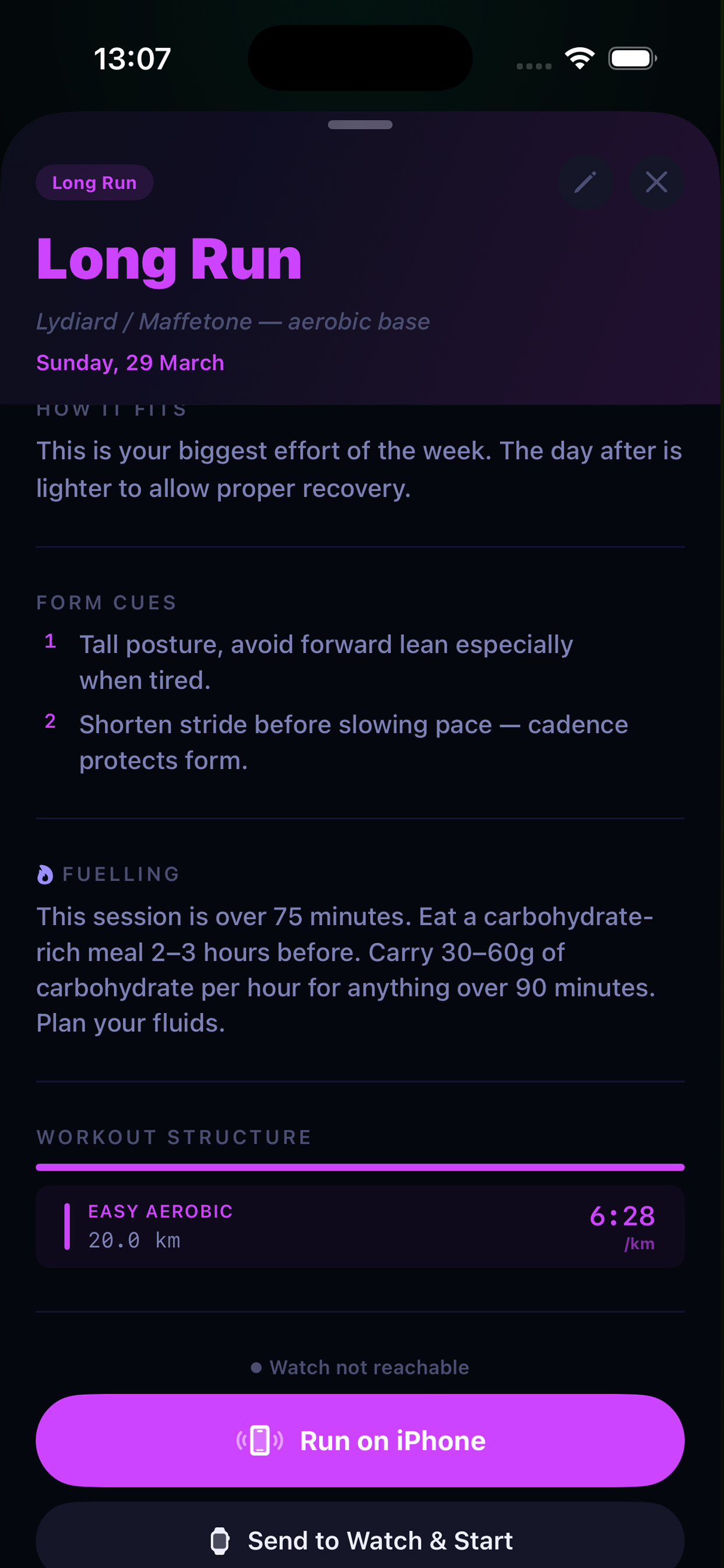 Smart Runner Long Run detail with fuelling and form cues