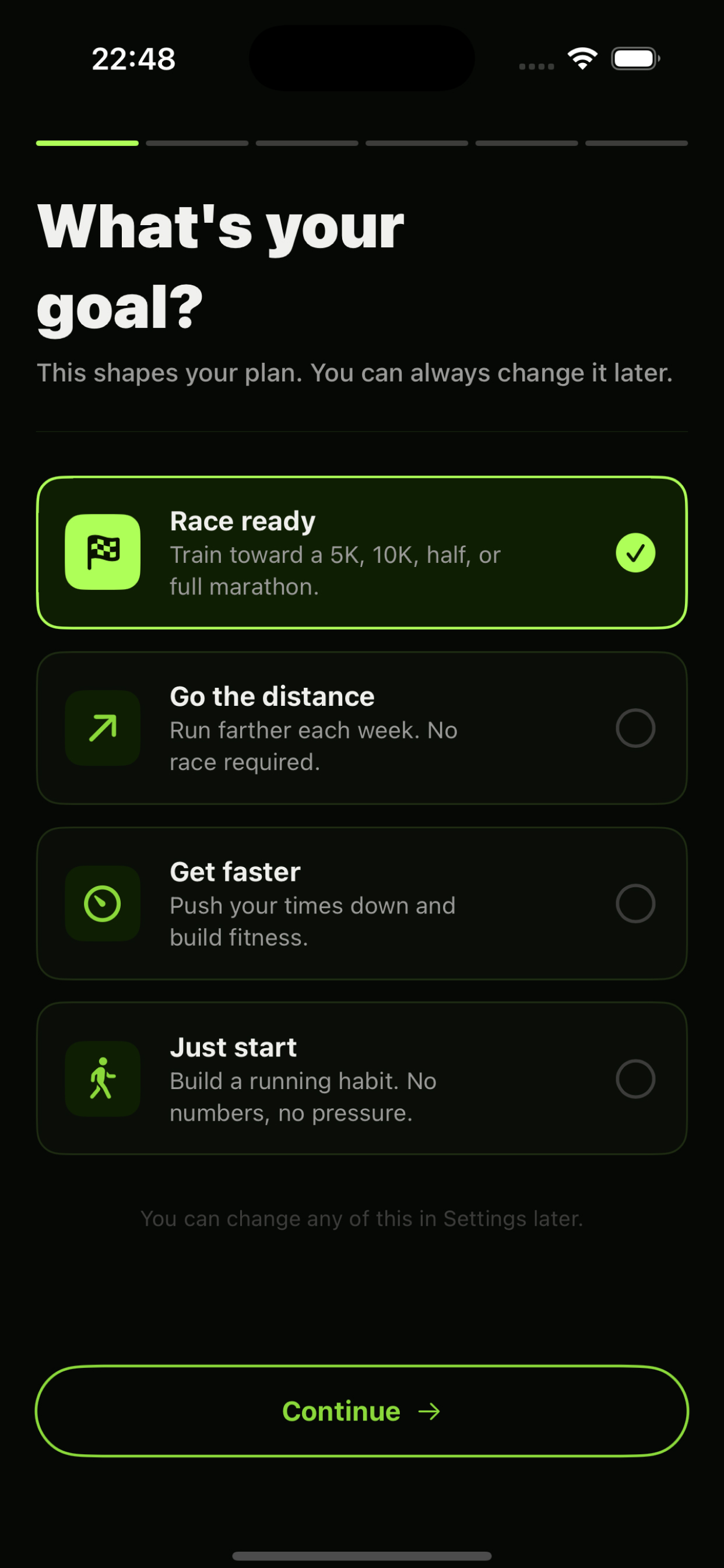 Smart Runner goal selection screen