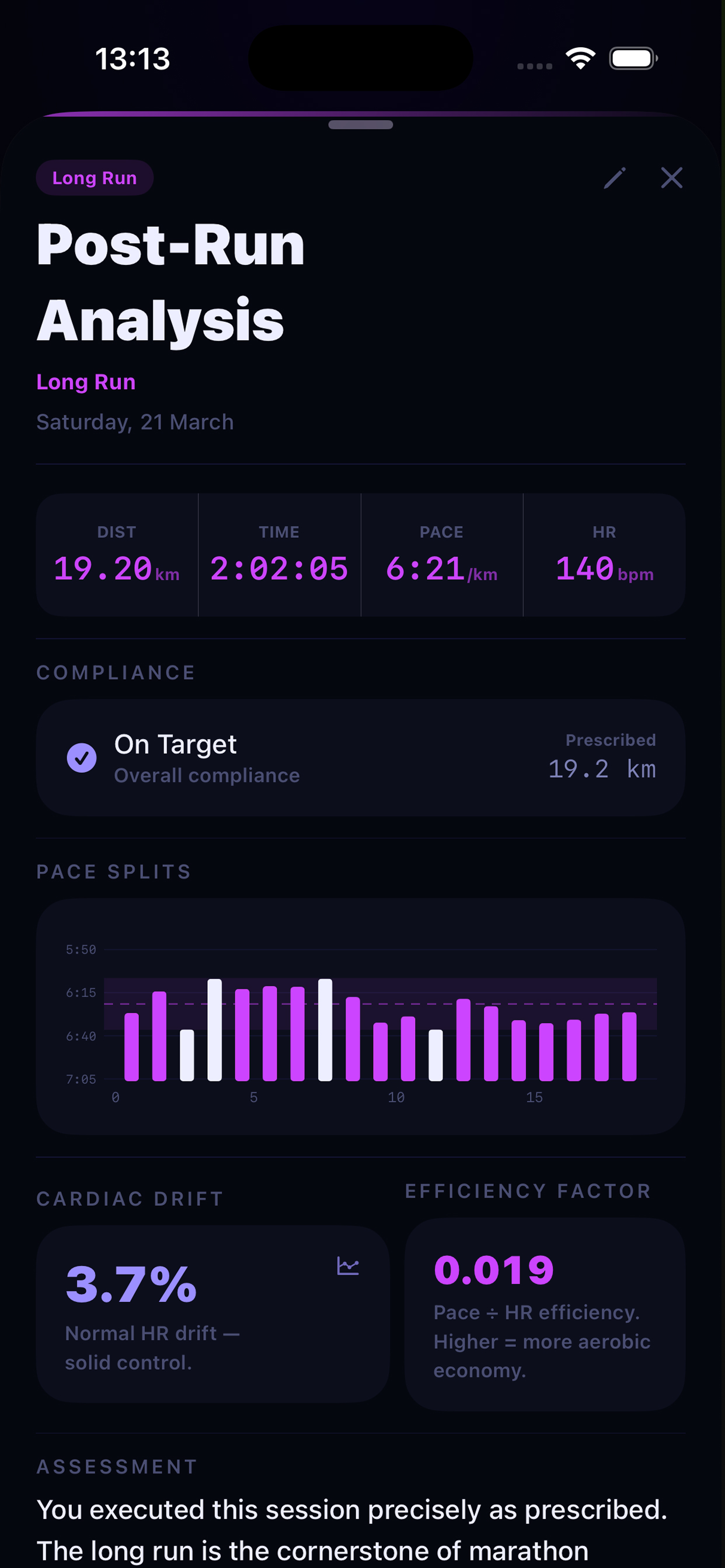 Smart Runner post-run analysis with cardiac drift and pace splits