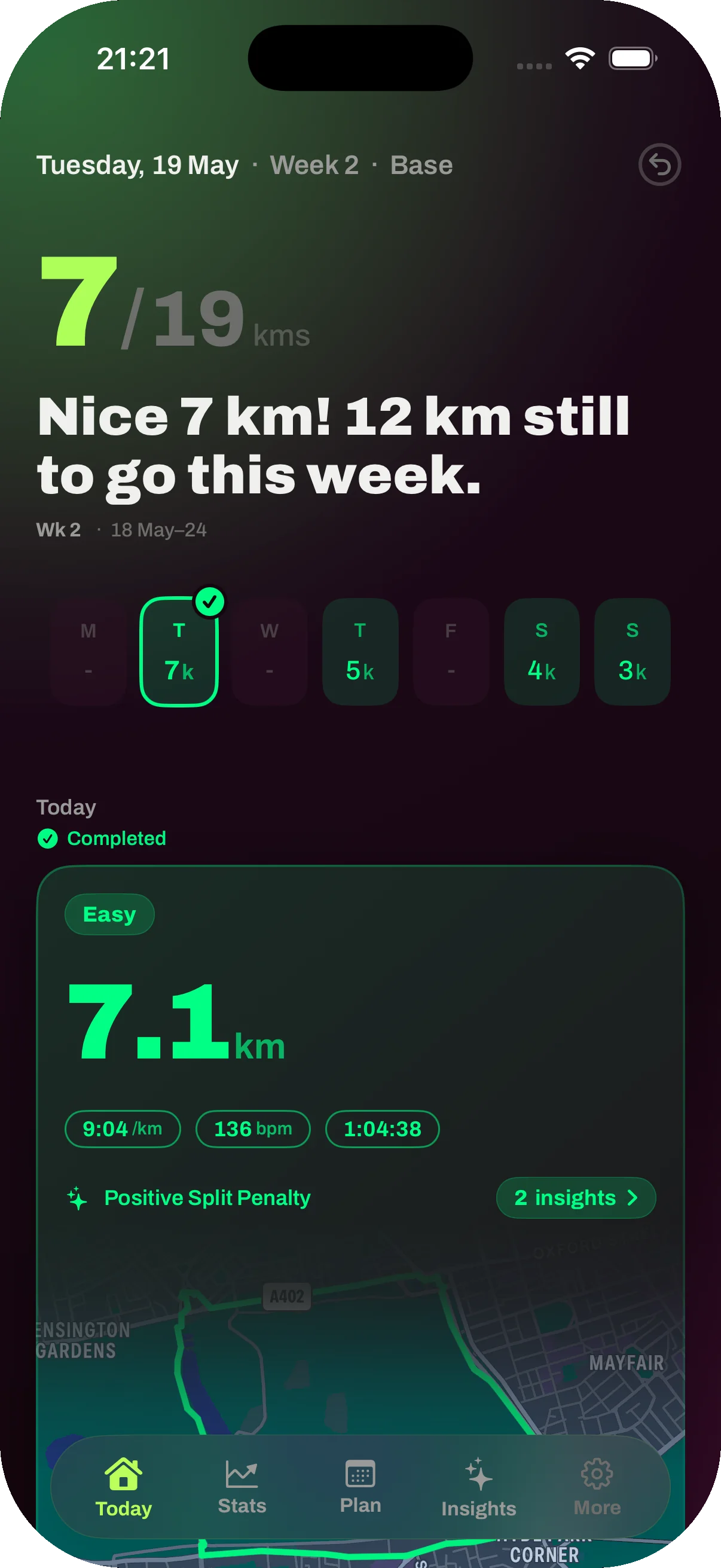 Smart Runner Today screen on iPhone showing Week 2 Base Phase, 7 of 19 km completed, and today's Easy run logged